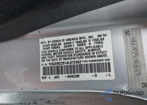 2004 Honda Civic Ex z USA, uszkodzony, nr VIN 1HGEM22914L072462